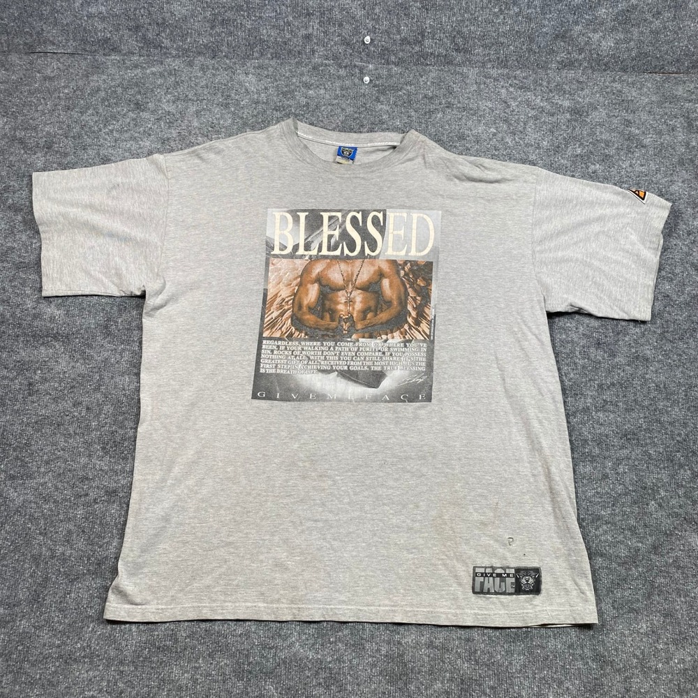 Vintage Give Me Face Blessed Graphic T-Shirt Mens XXXL Gray Y2K Streetwear‎ Tee